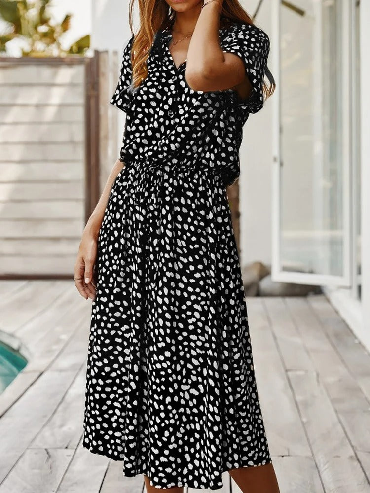 Women's Midi Summer Dress Adjustable Waist Lightweight Printed