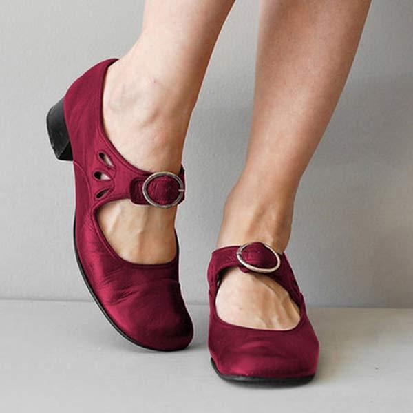 Women's Buckle Strap Leather Mary Janes with Modest Heel - Red