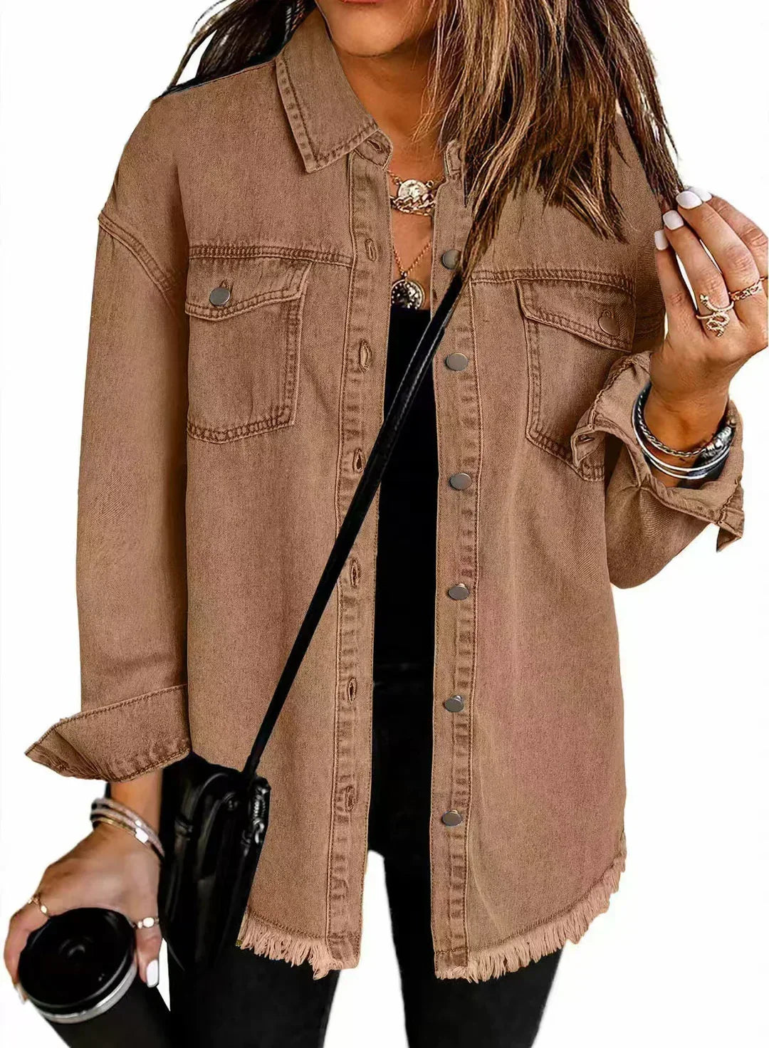 Women's Dropped-Shoulder Oversized Denim Jacket with Chest Pockets - Brown