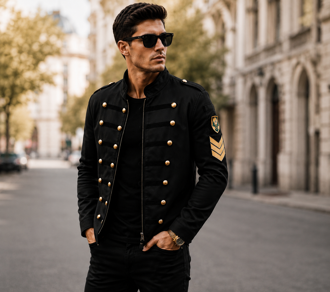 Men's Military Style Stand Collar Jacket with Button Accents