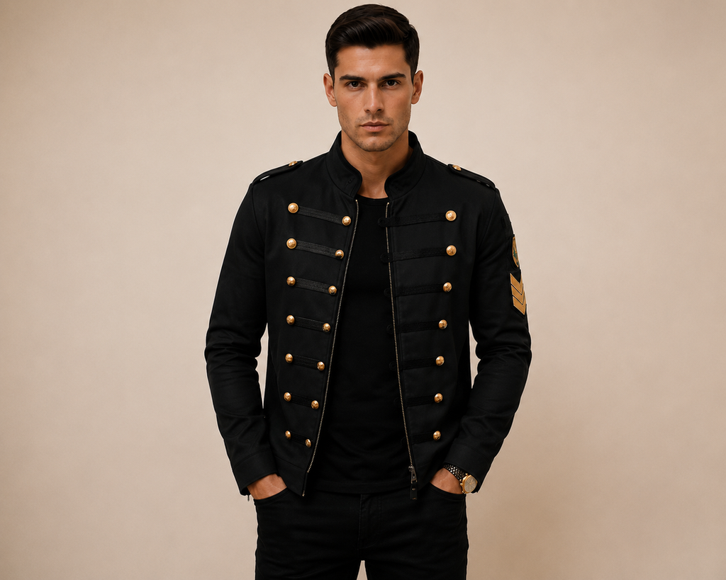 Men's Military Style Stand Collar Jacket with Button Accents