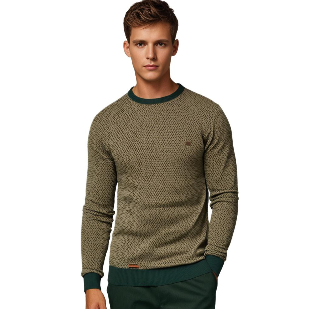 Men's Printed Crew Neck Sweater with Contrast Ribbing
