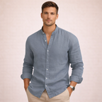 Men's Linen Grandad Collar Shirt Lightweight Breathable Button Front