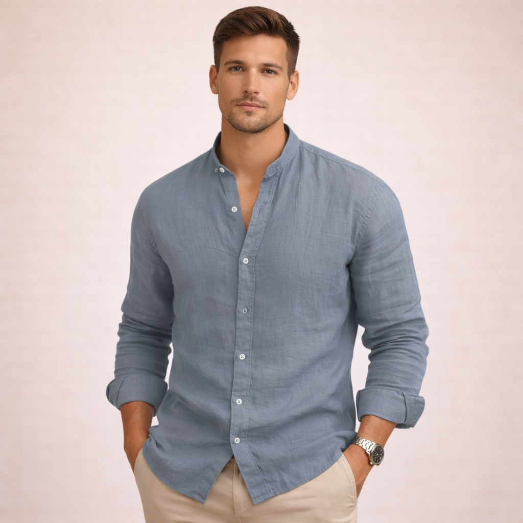 Men's Linen Grandad Collar Shirt Lightweight Breathable Button Front