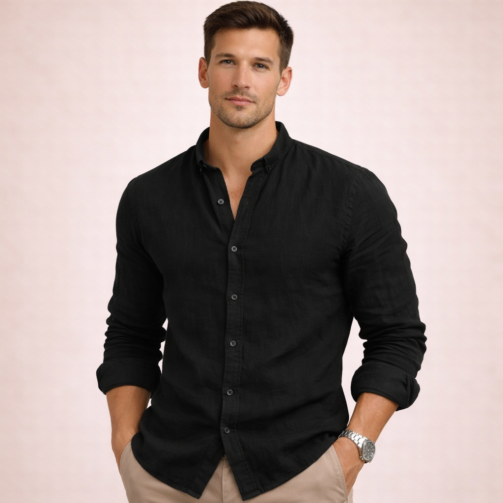 Men's Linen Grandad Collar Shirt Lightweight Breathable Button Front