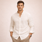 Men's Linen Grandad Collar Shirt Lightweight Breathable Button Front
