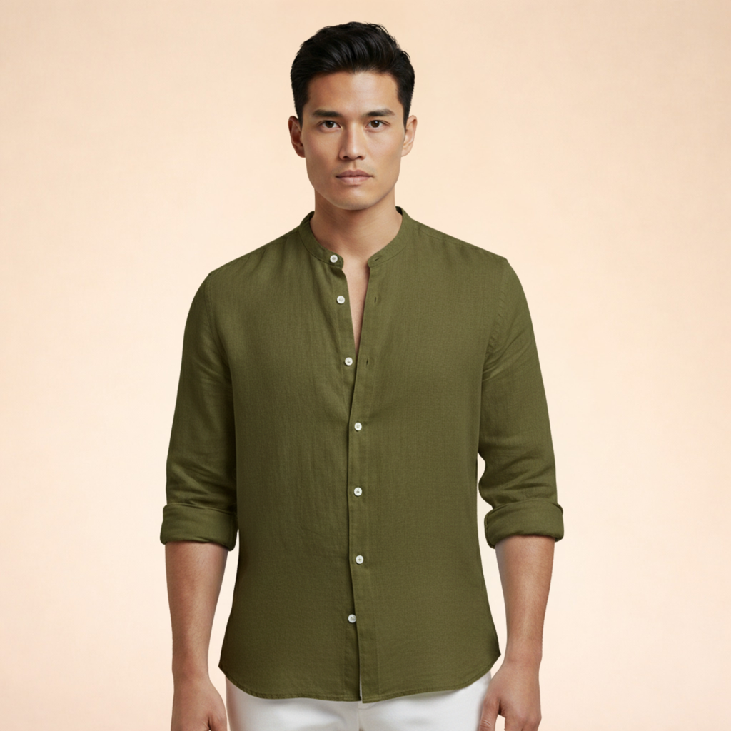 Men's Grand Collar Linen Blend Tailored Casual Shirt