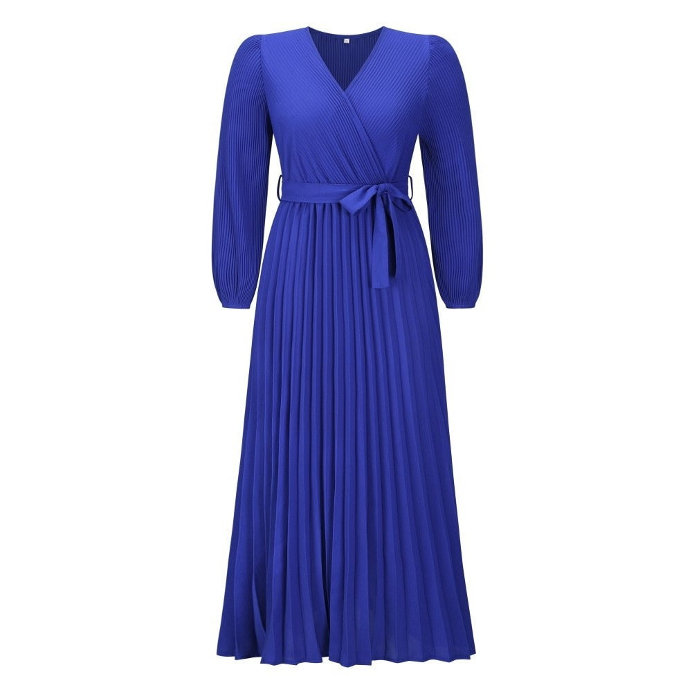 Women's Maxi Dress Pleated Wrap Waist Tie Long