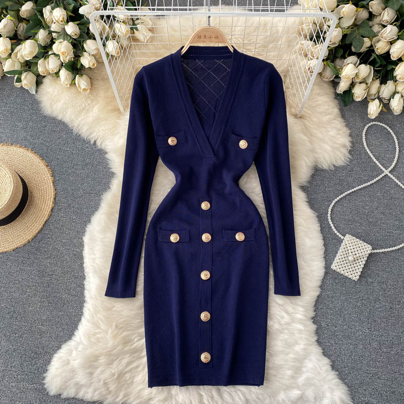 Women's Knitted Button-Front Midi Dress – V-Neck Long