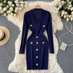 Women's Knitted Button-Front Midi Dress – V-Neck Long