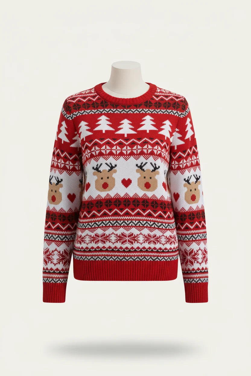 Women's All-Over Fair Isle or Rudolph Print Christmas Sweater - Red Fair Isle