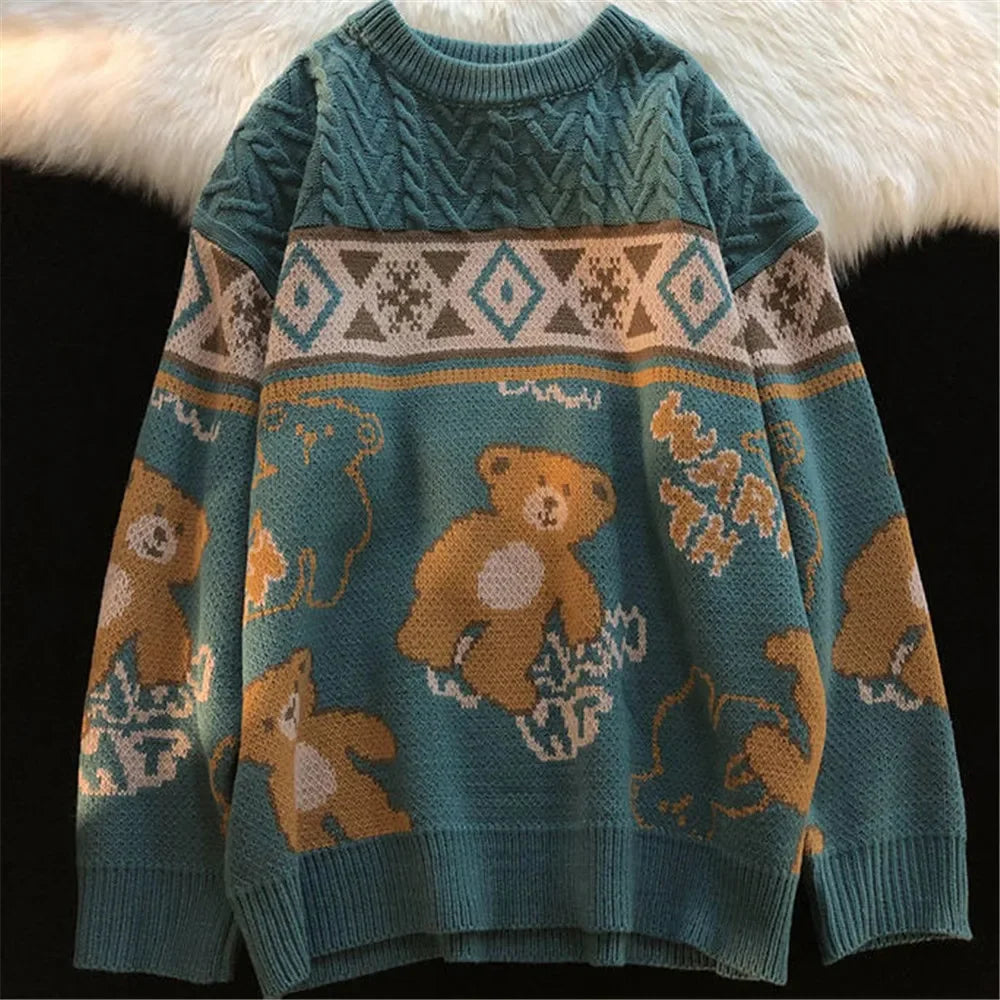 Women's Playful Teddy Bear Print Sweater with Cable-Knit Chest - Teal