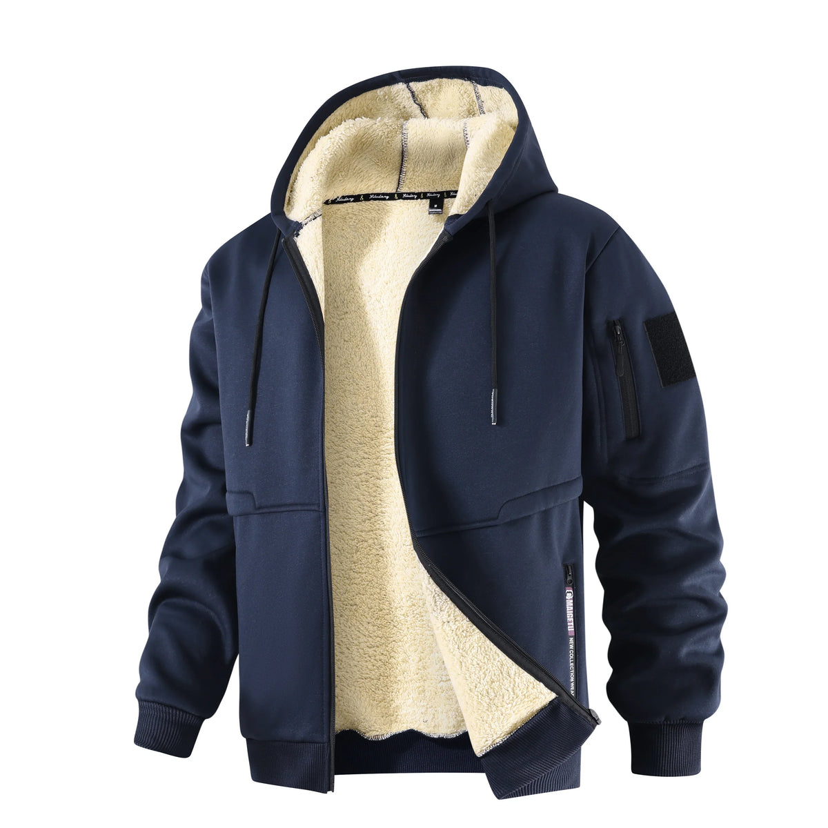 Men's Zip-Up Sherpa Hoodie Jacket With Utility Pocket - Navy Blue