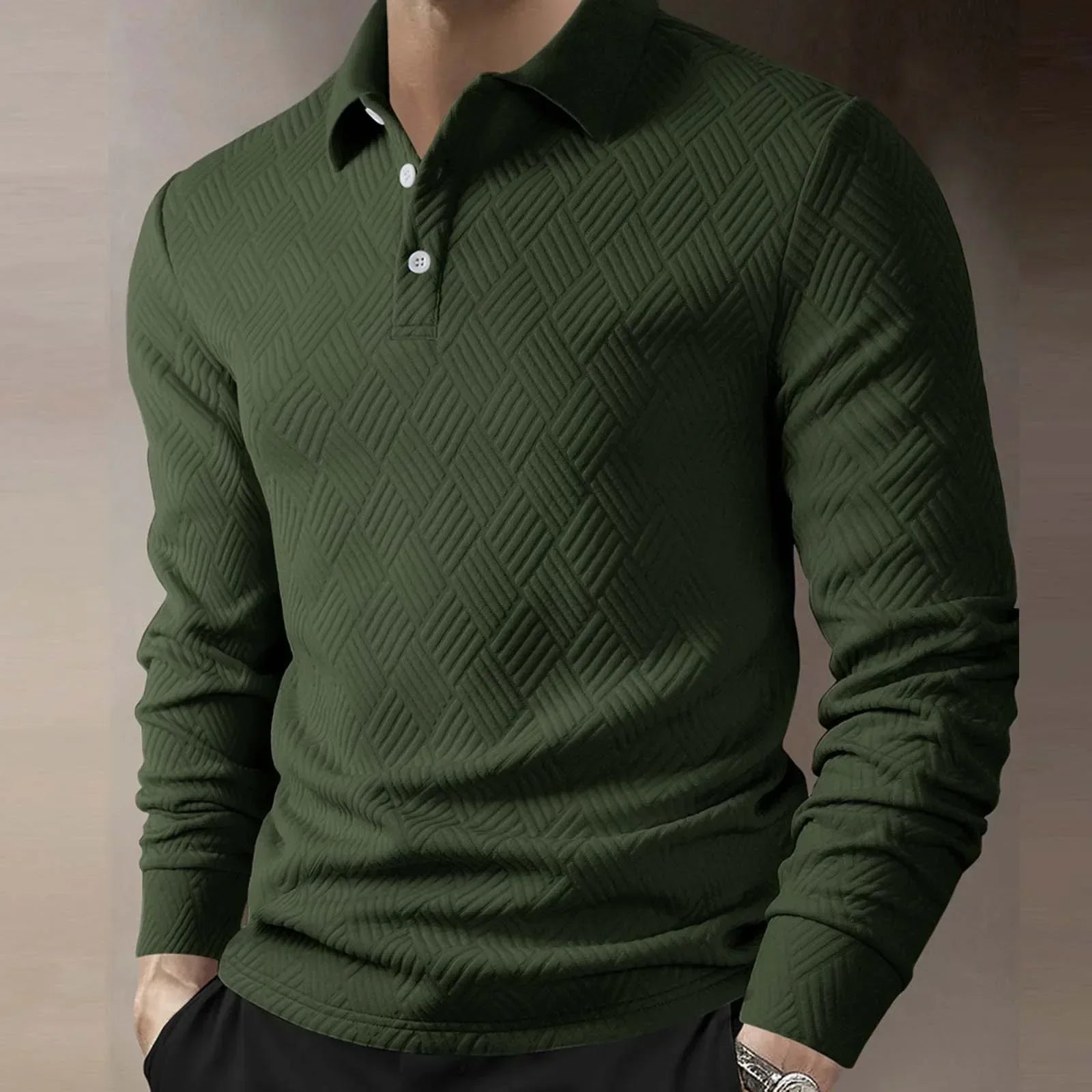 Men's Long Sleeve Polo Shirt Textured Knit Smart Casual