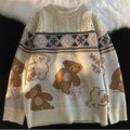 Women's Playful Teddy Bear Print Sweater with Cable-Knit Chest - Cream