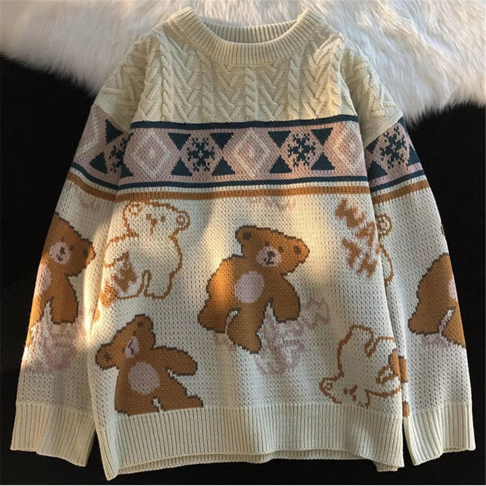 Women's Playful Teddy Bear Print Sweater with Cable-Knit Chest - Cream