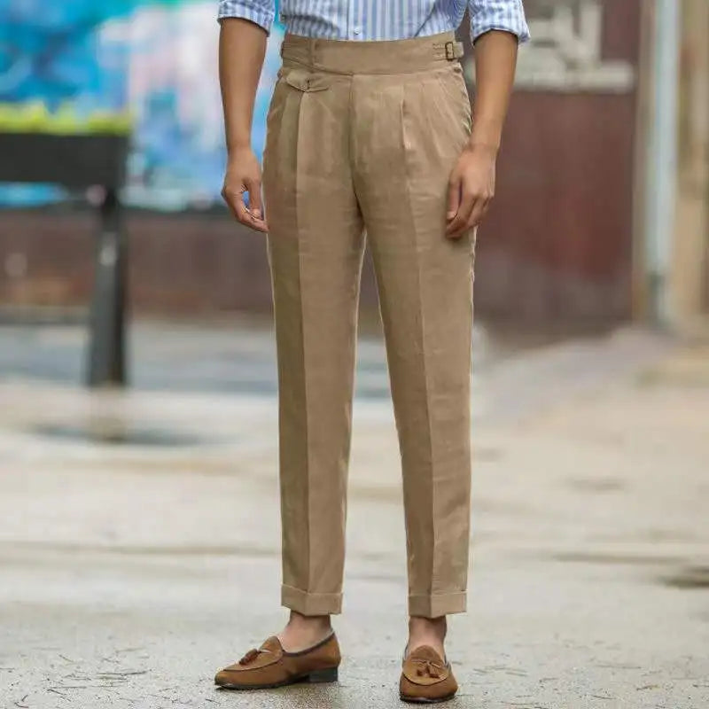 Men's High Waist Tailored Linen Trousers Elegant Casual Pants