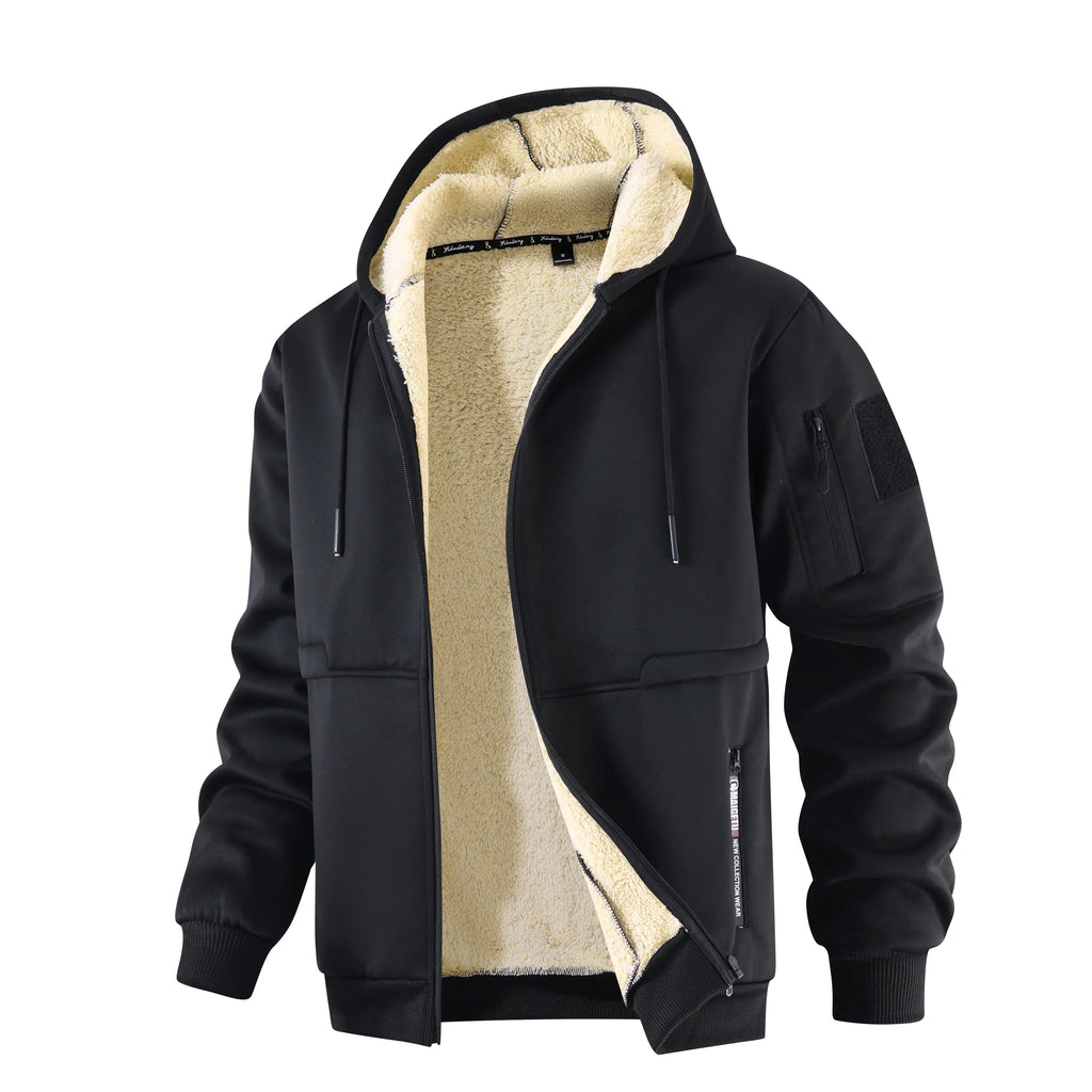 Men's Zip-Up Sherpa Hoodie Jacket With Utility Pocket - Black