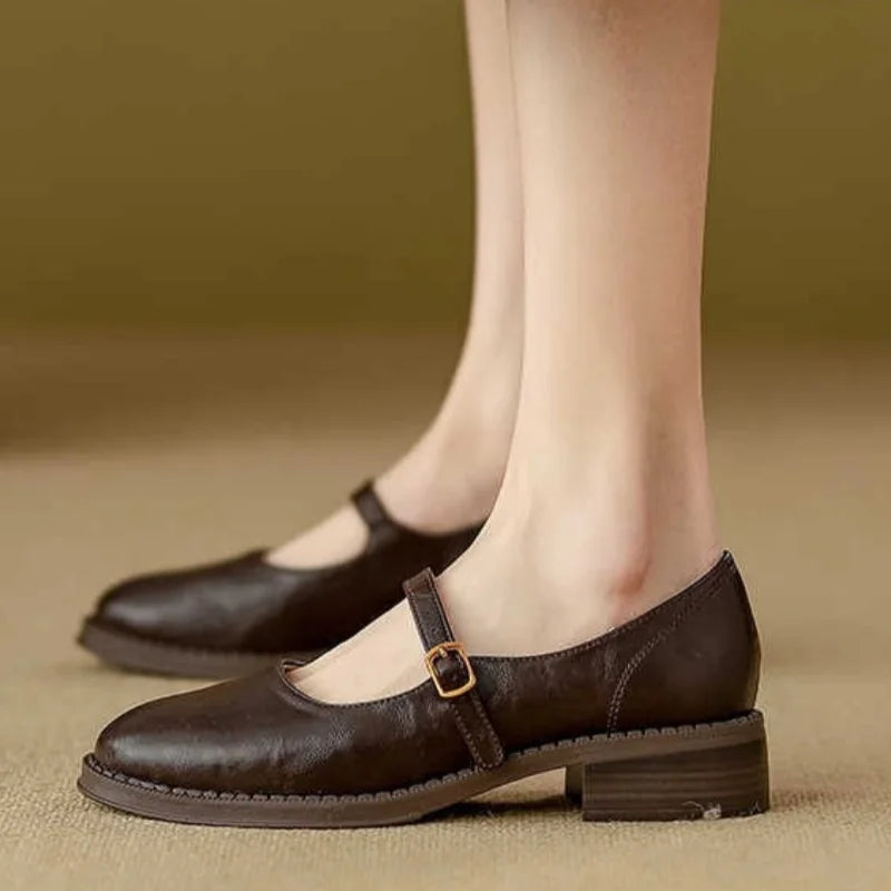 Women's Smooth Leather Ankle-Strap Mary Janes with Round Toe