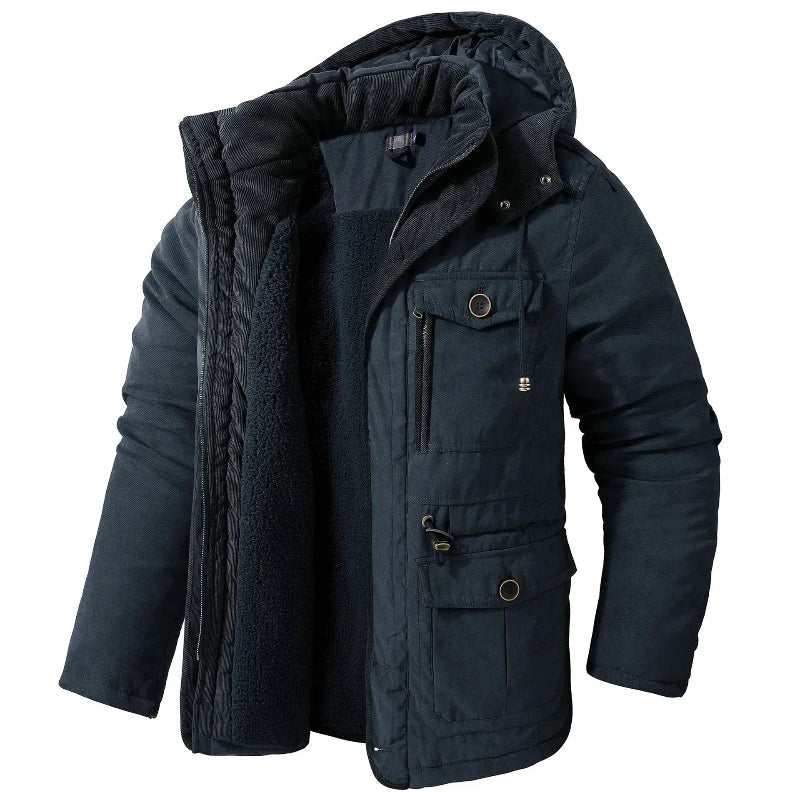 Women's Roomy Plush-Lined Parka with Drawcord Hood - Navy Blue