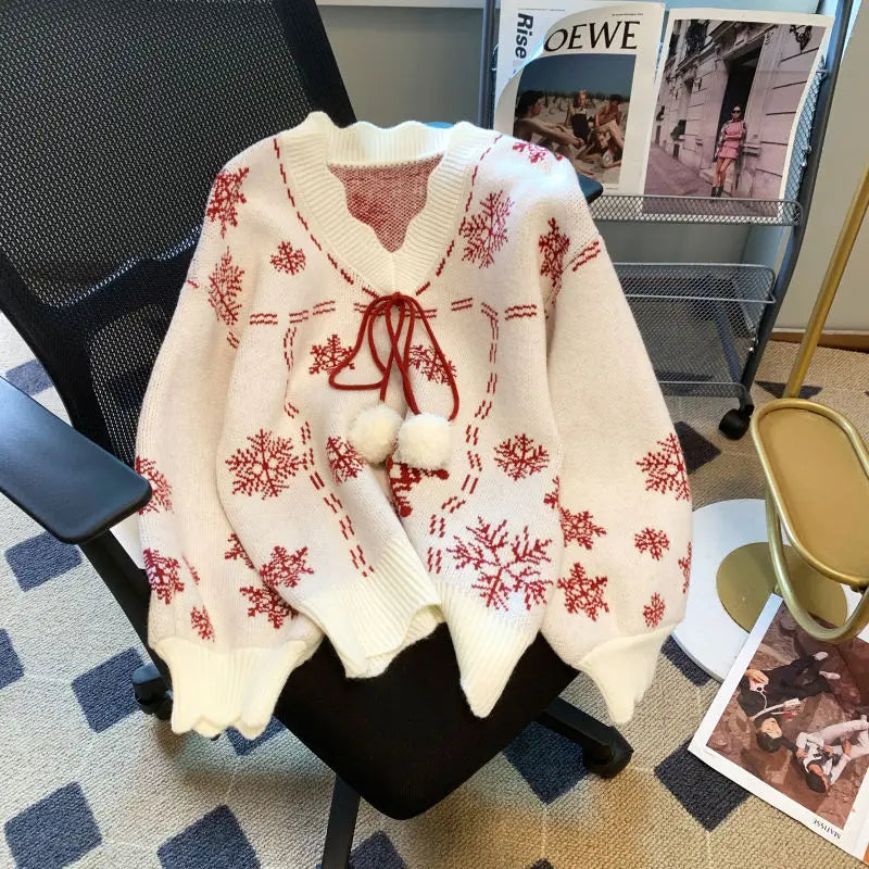 Women's Christmas Knit Sweater with Pom-Pom Neck Ties - White
