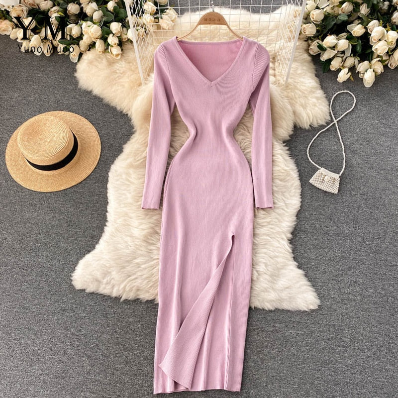 Women's Ribbed Knit Bodycon Maxi Dress – Long