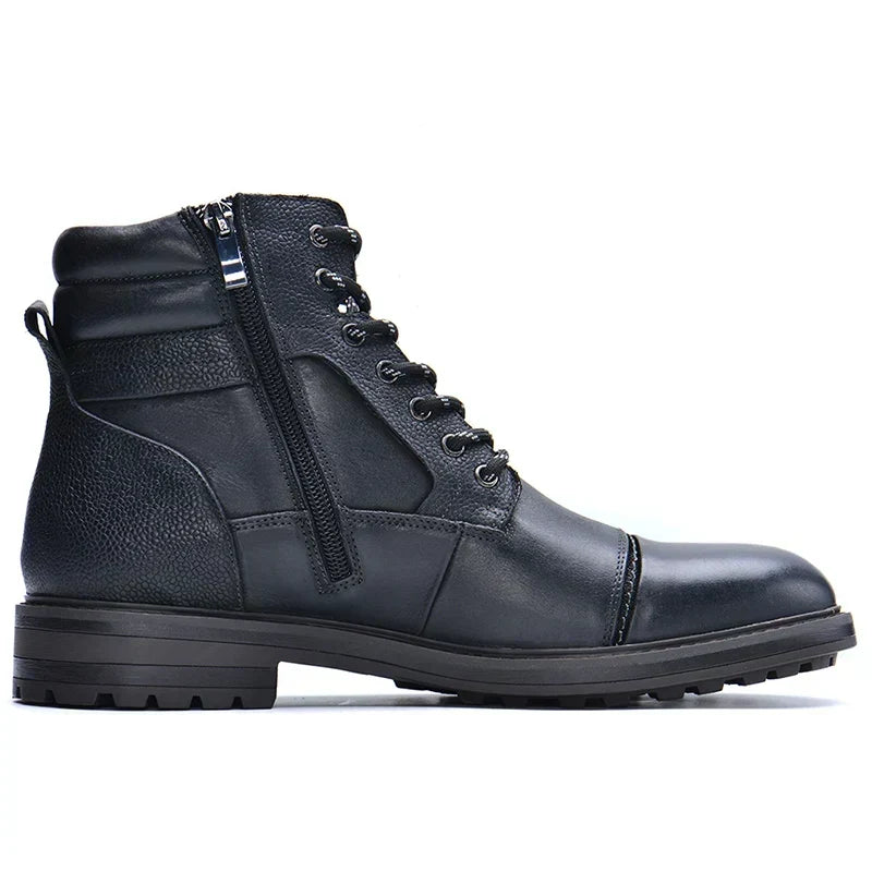 Men's Genuine Leather Lace-Up Boots with Side Zipper – Black