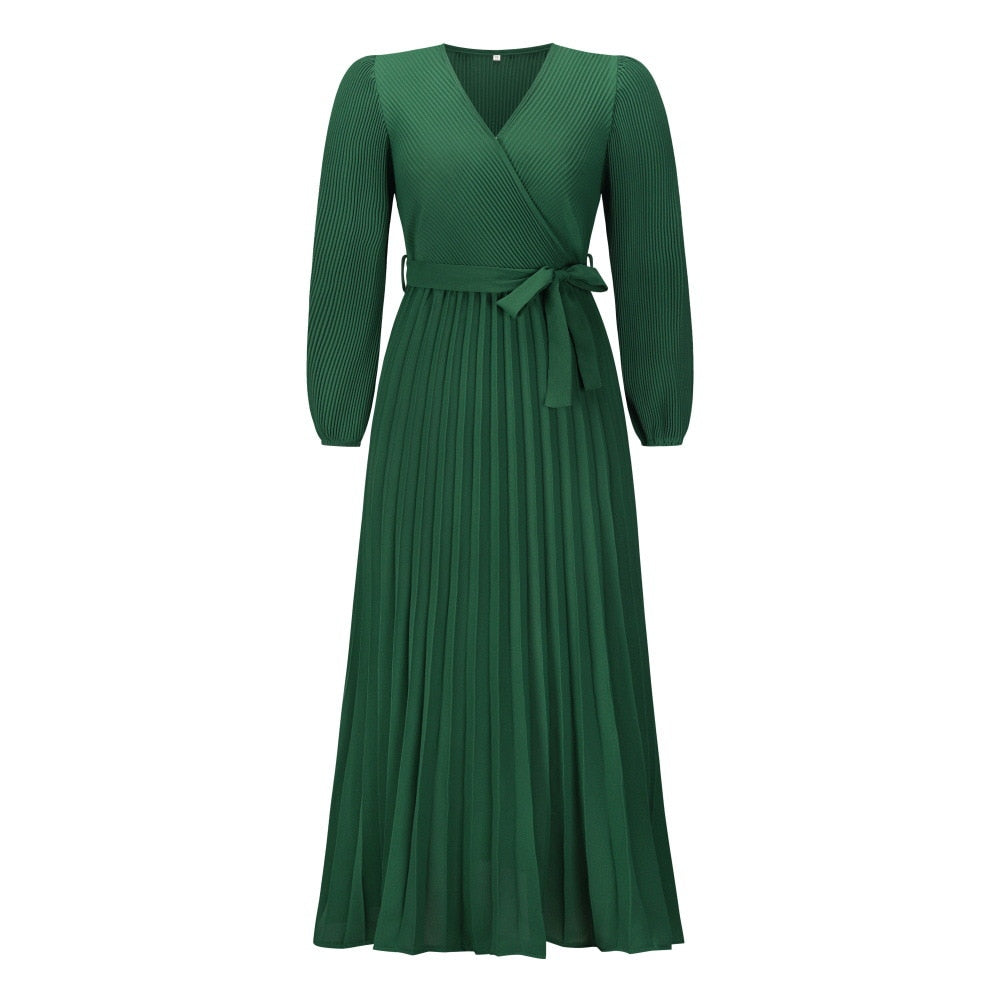 Women's Maxi Dress Pleated Wrap Waist Tie Long