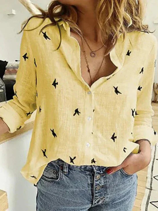 Women's Button-Down Shirt Long Sleeve Bird Print Blouse