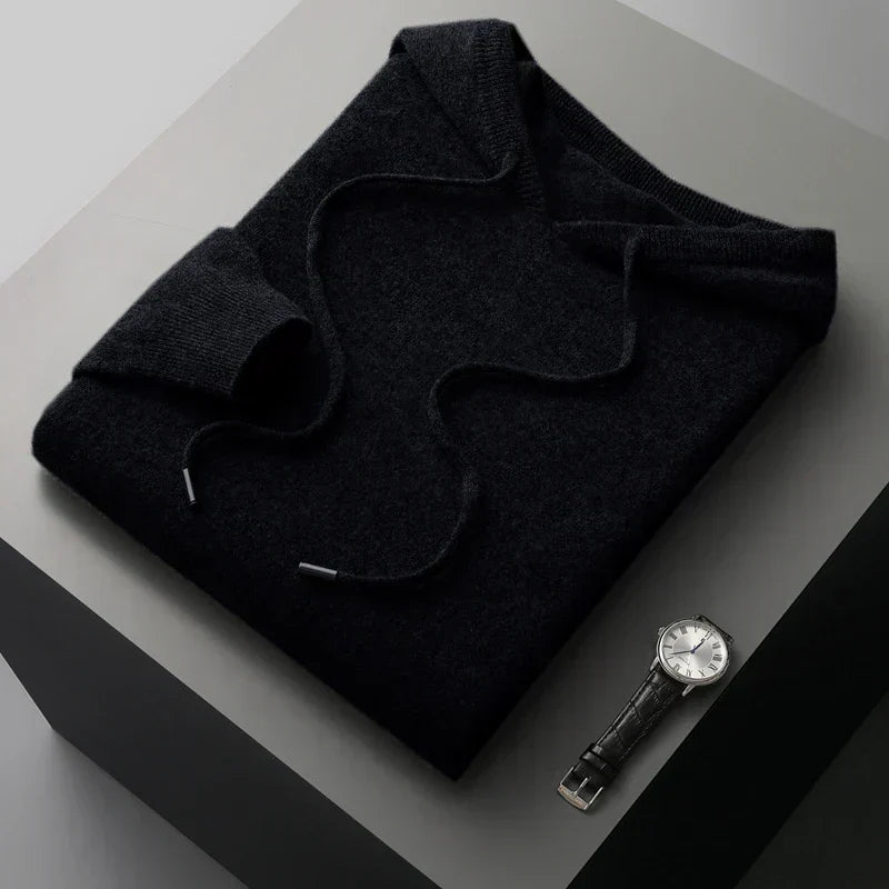 Men's Knitted Hoodie Relaxed Drawstring Pullover for Casual Wear