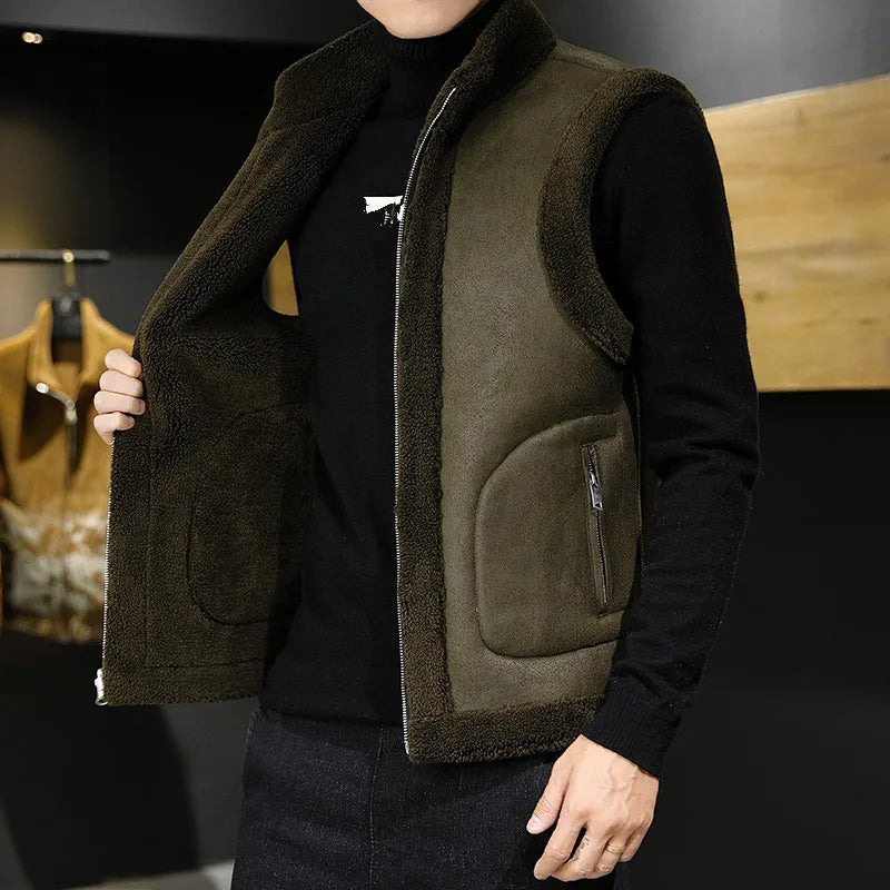 Men's Soft Sherpa Winter Vest With Full Zip and Pockets - Olive Green