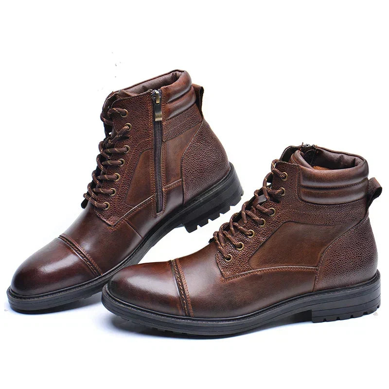 Men's Genuine Leather Lace-Up Boots with Side Zipper