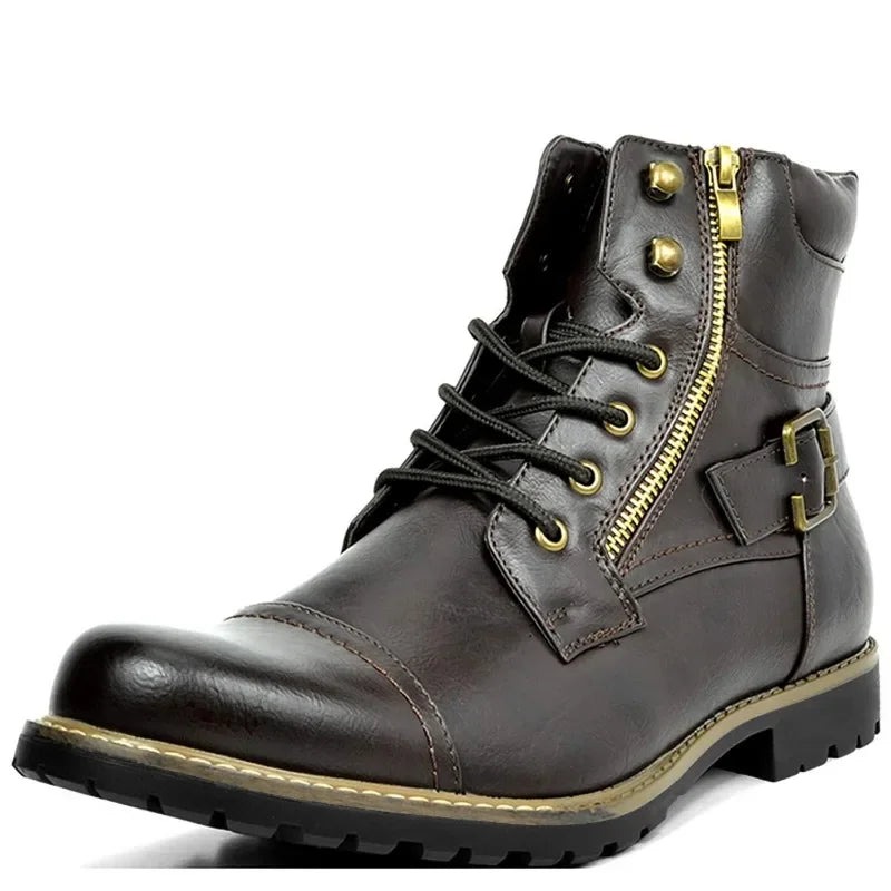 Men's Rugged Leather Boots with Buckle and Laces |