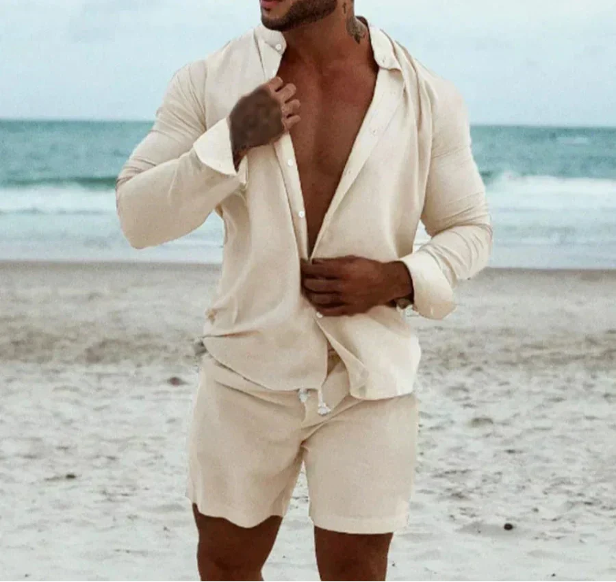 Men's Linen Cotton Summer Set Breathable Shirt and Relaxed