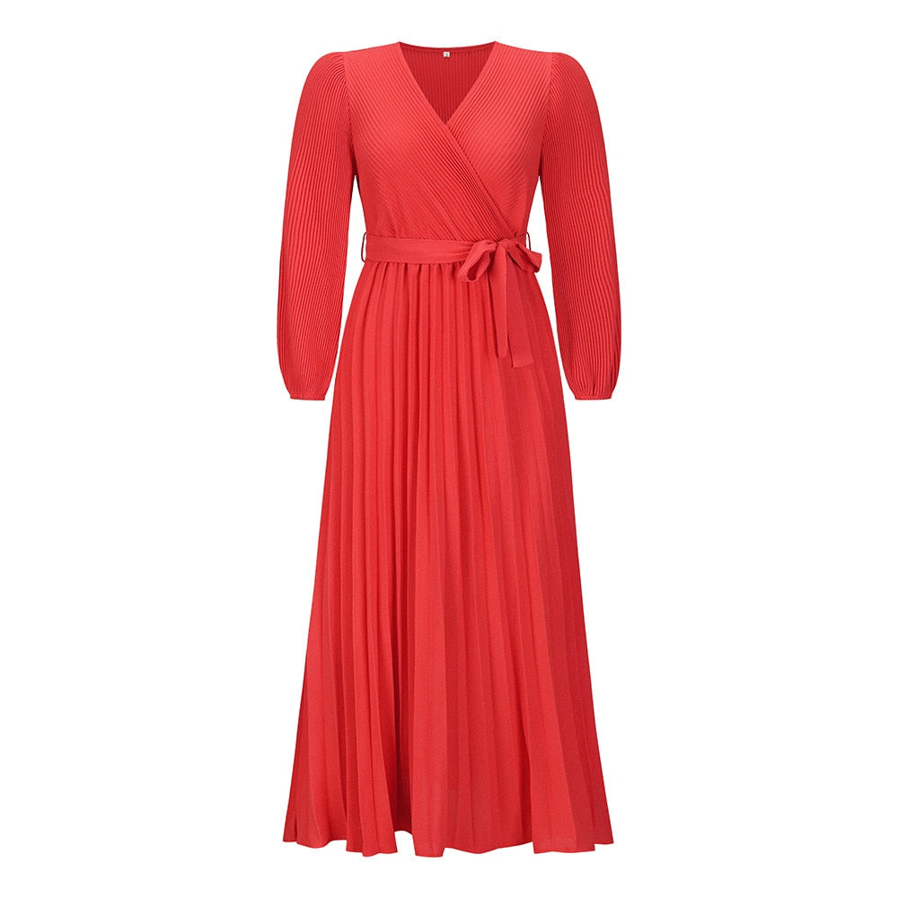 Women's Maxi Dress Pleated Wrap Waist Tie Long
