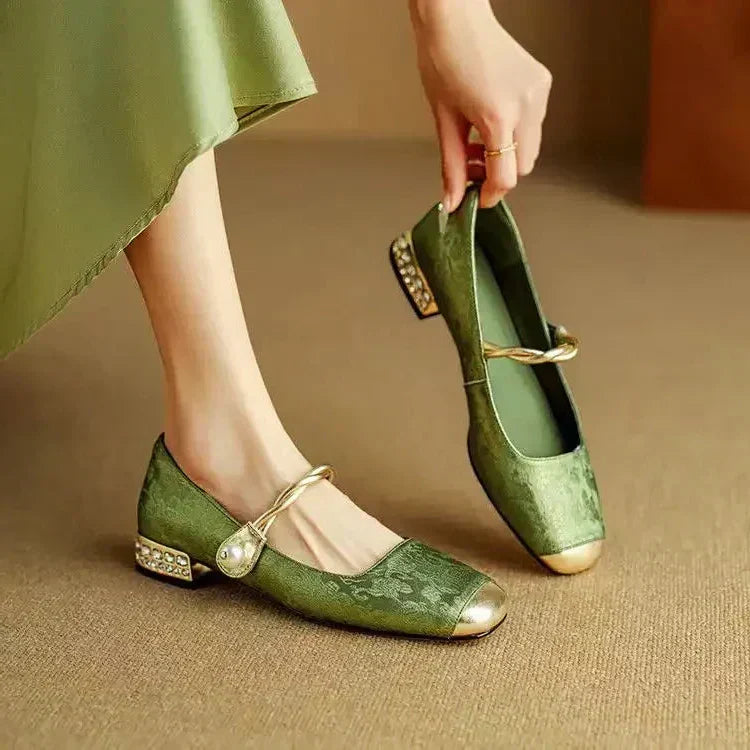 Women's Pearl Strap Mary Janes with Metallic Toe Cap