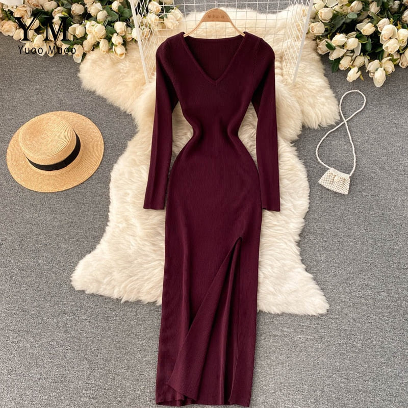 Women's Ribbed Knit Bodycon Maxi Dress – Long