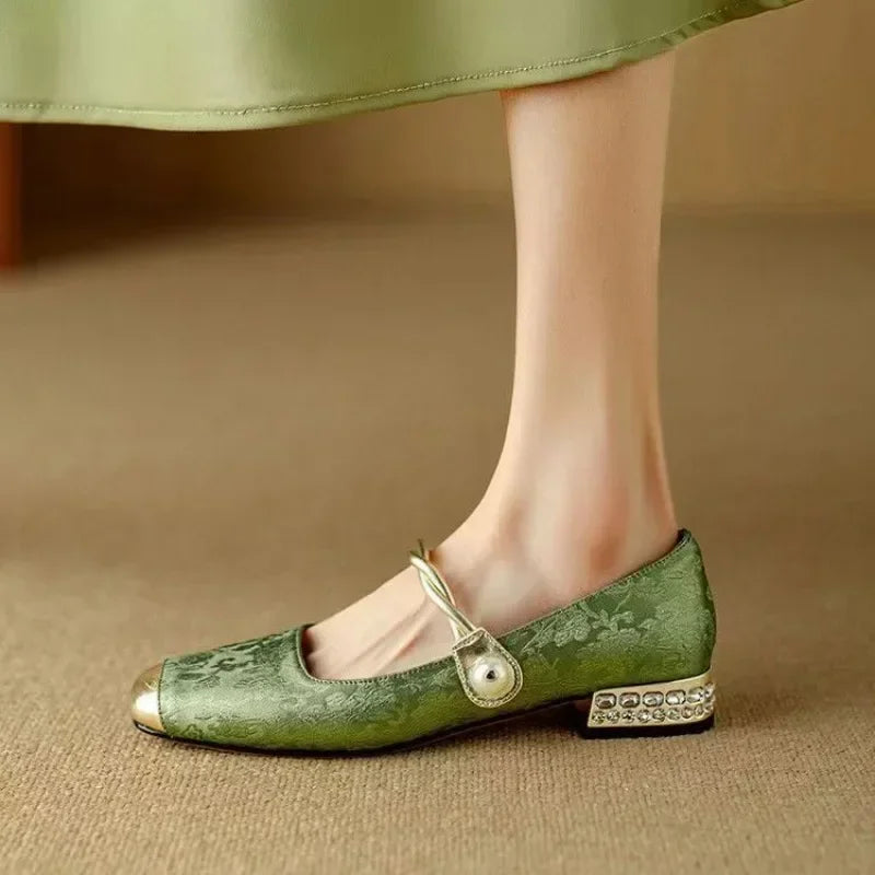 Women's Pearl Strap Mary Janes with Metallic Toe Cap