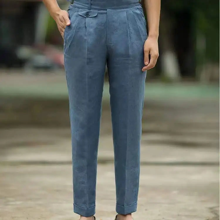 Men's High Waist Tailored Linen Trousers Elegant Casual Pants
