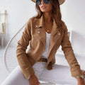 Women's Waist-Cropped Suede Moto Jacket with Structured Shoulders - Beige