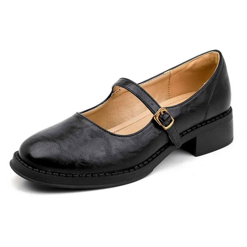 Women's Smooth Leather Ankle-Strap Mary Janes with Round Toe