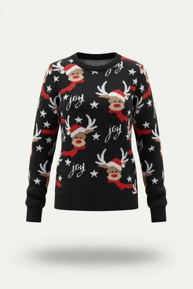 Women's All-Over Fair Isle or Rudolph Print Christmas Sweater - Black