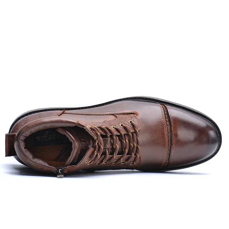 Men's Genuine Leather Lace-Up Boots with Side Zipper