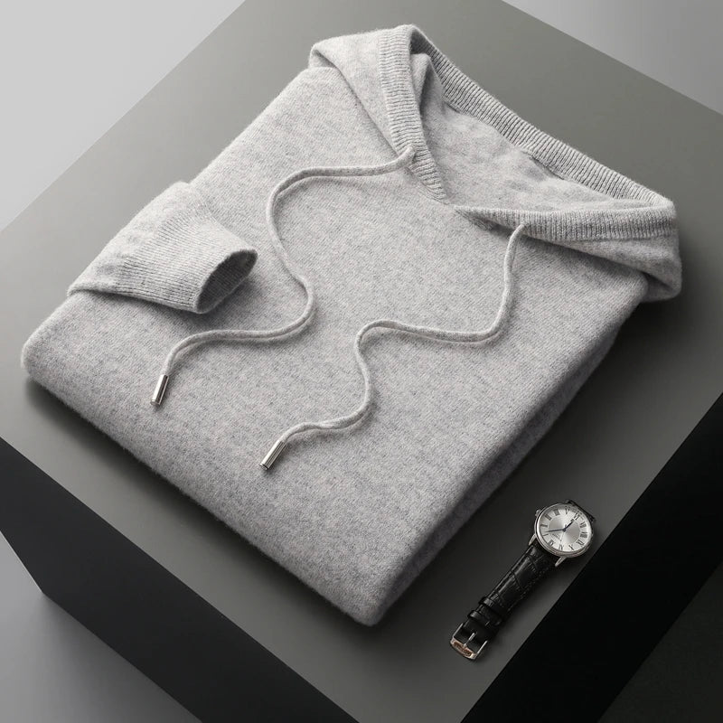 Men's Knitted Hoodie Relaxed Drawstring Pullover for Casual Wear