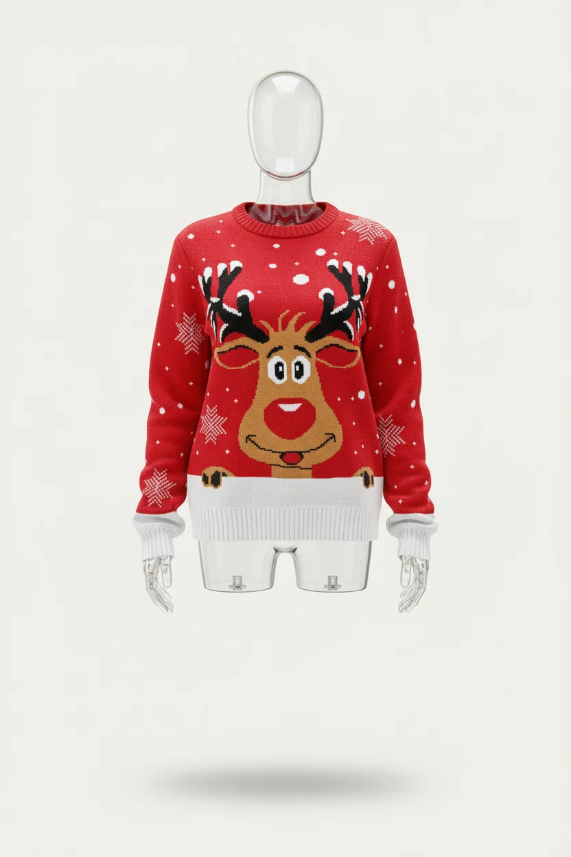 Women's All-Over Fair Isle or Rudolph Print Christmas Sweater - Red Rudolph