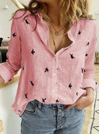 Women's Button-Down Shirt Long Sleeve Bird Print Blouse