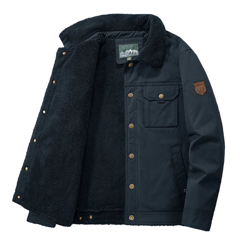 Men's Plush-Collar Sherpa Utility Jacket With Flap Pocket - Navy Blue