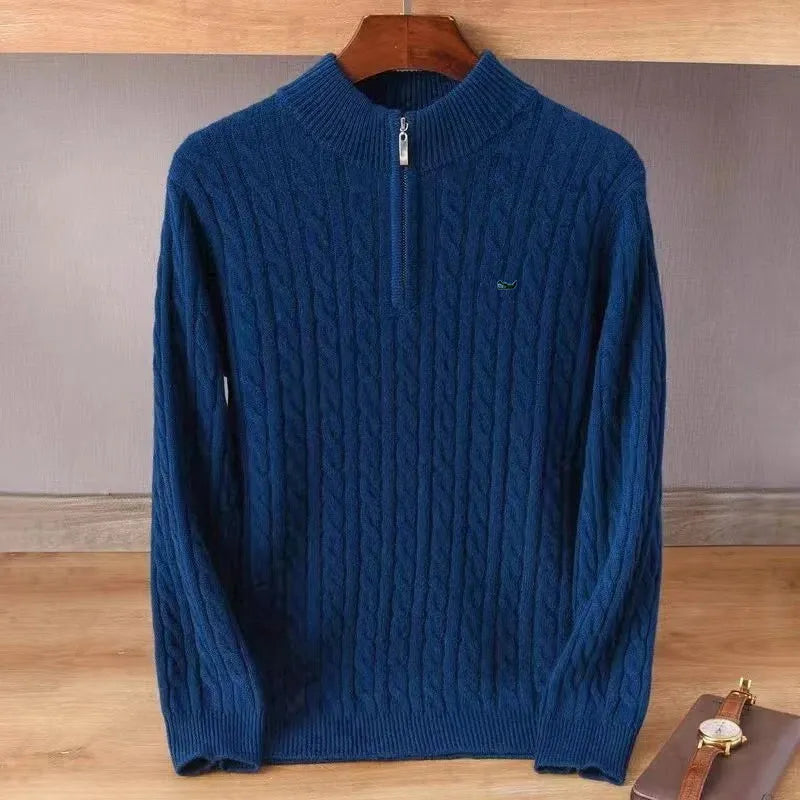 Men's Australian Merino Wool Zip Neck Sweater - Navy Blue