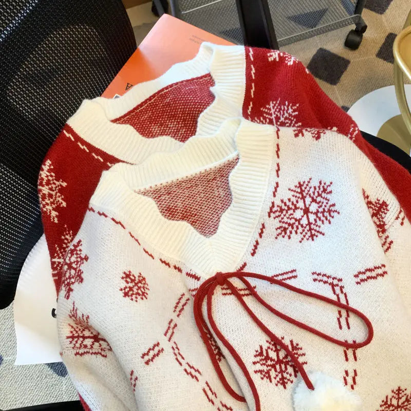 Women's Christmas Knit Sweater with Pom-Pom Neck Ties