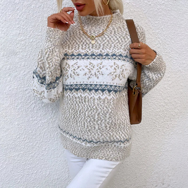 Women's Winter Snowflake Fair Isle Pullover with Raised Neck - Cream